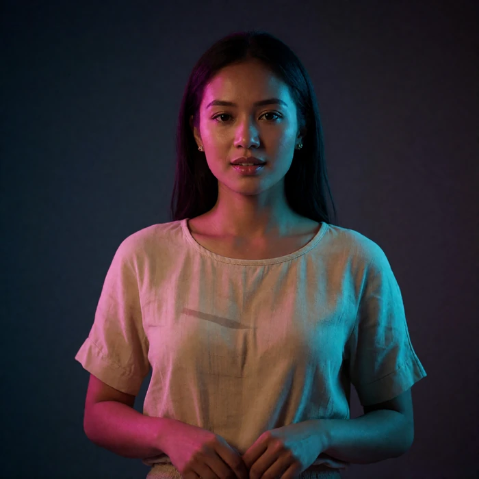 Burmese woman in her late twenties in a sand-colored blouse standing in a minimalist studio interior