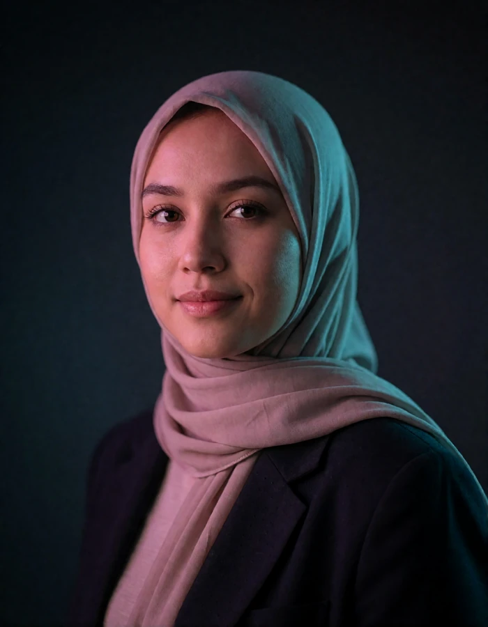 Malaysian woman in her late twenties wearing a neutral headscarf and dark blazer, seated for a profile portrait