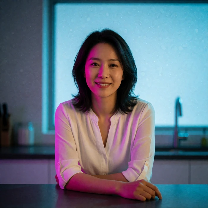 North Korean diaspora woman in her early thirties in a bright minimalist kitchen at evening