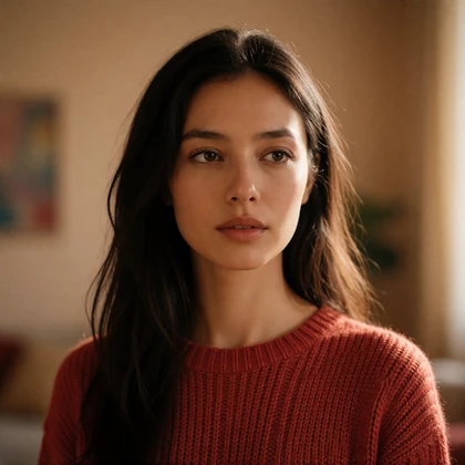 Portrait of an Uzbek woman in her late twenties in a rust-red knit top, a member of the Uzbek Dating community