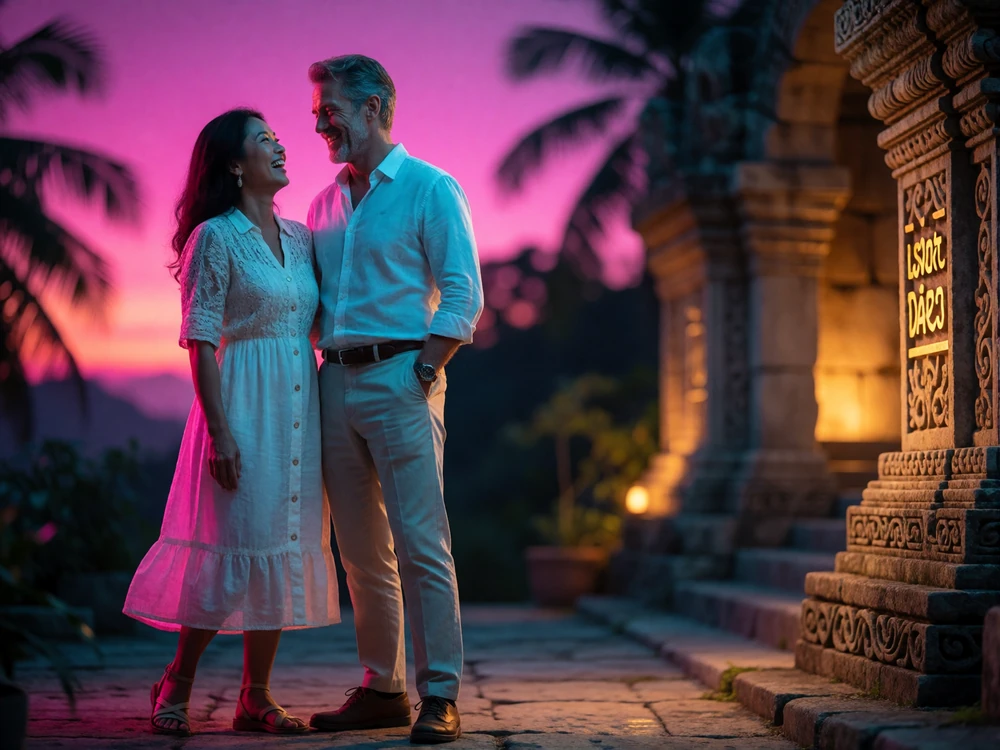 A couple standing close together on a stone temple terrace at sunset, laughing and looking at one another