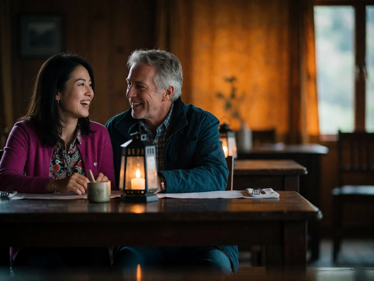 Bhutanese woman and an older Western man sharing a quiet dinner at a lodge table lit by warm lantern light