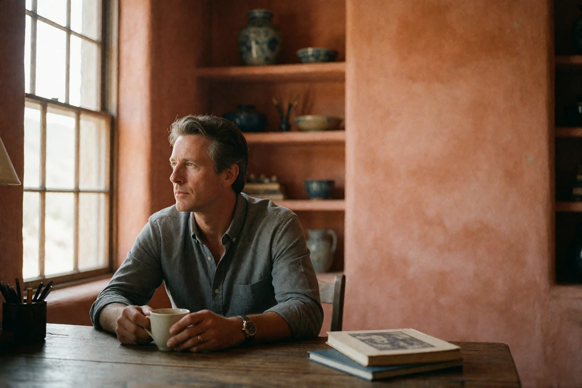 Composed man in his fifties sitting at a wooden desk beside a window, holding coffee and looking out thoughtfully