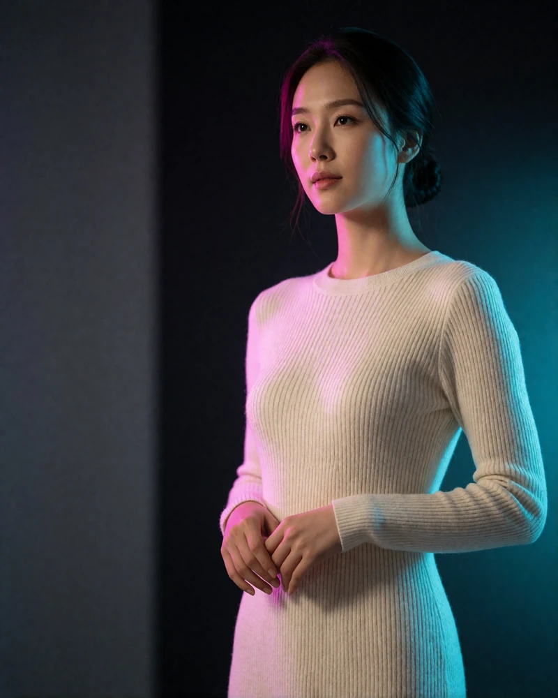 Korean woman in her early thirties in a cream ribbed knit dress standing in a minimal dark interior