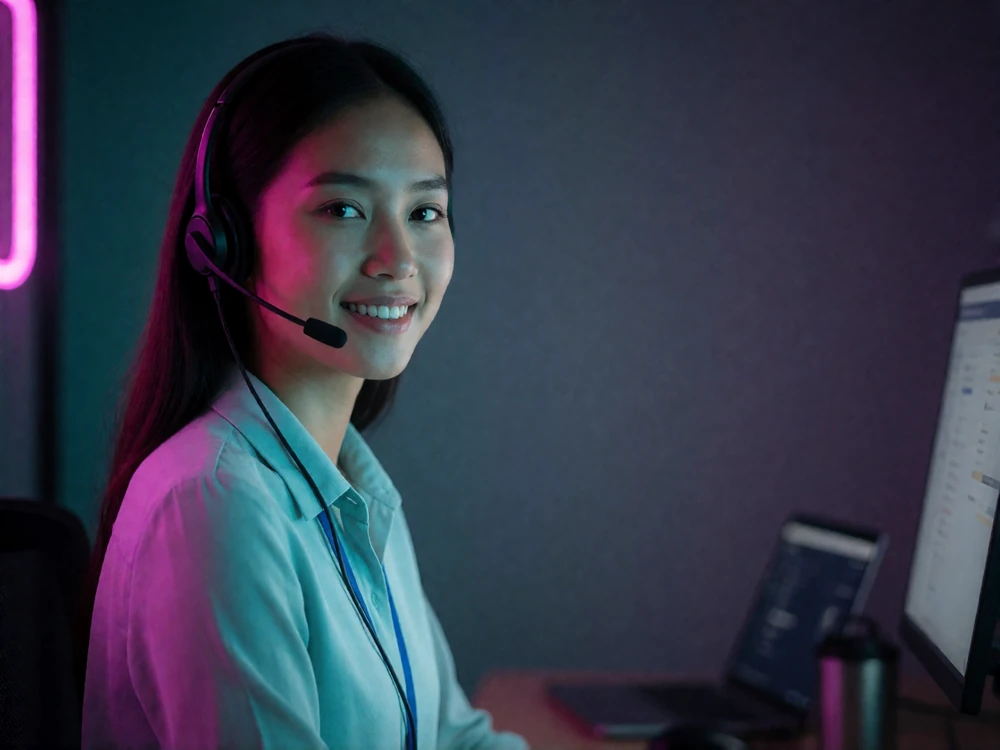 Support agent wearing a headset at a calm modern desk, smiling reassuringly while answering member safety questions