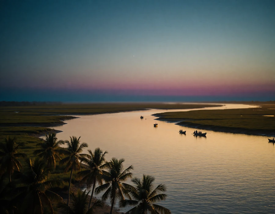 Wide dusk view across a broad river delta in Bangladesh with calm water and distant boats
