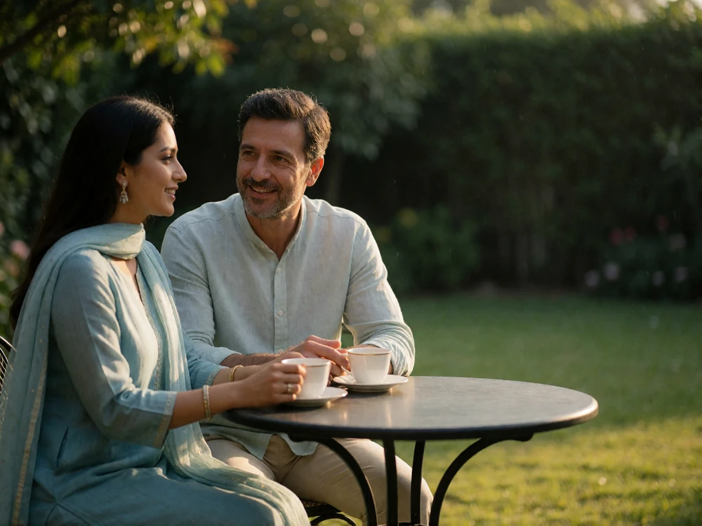 Pakistani woman in a soft blue kurta and a Western man in a linen shirt sharing tea and conversation at a garden table