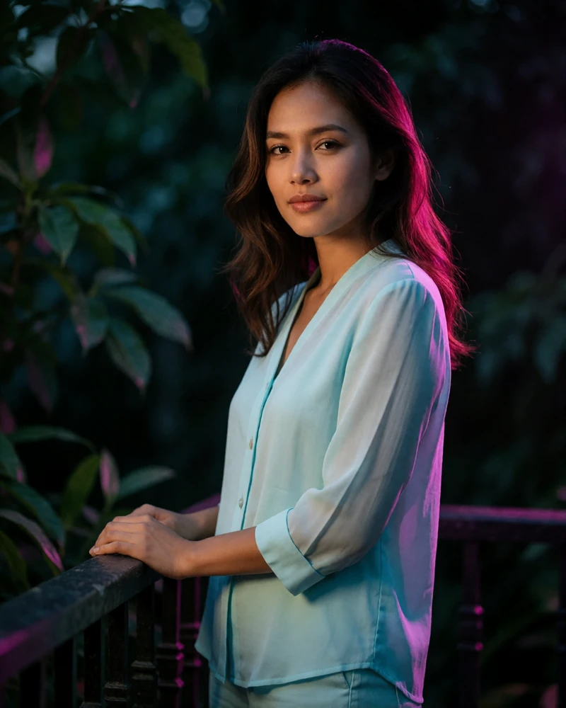 Filipino woman in her early thirties in a pale blue blouse standing on a shaded garden terrace