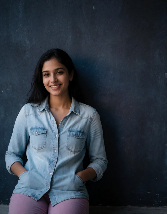 Indian woman in her mid-twenties in a denim shirt against a dark textured wall