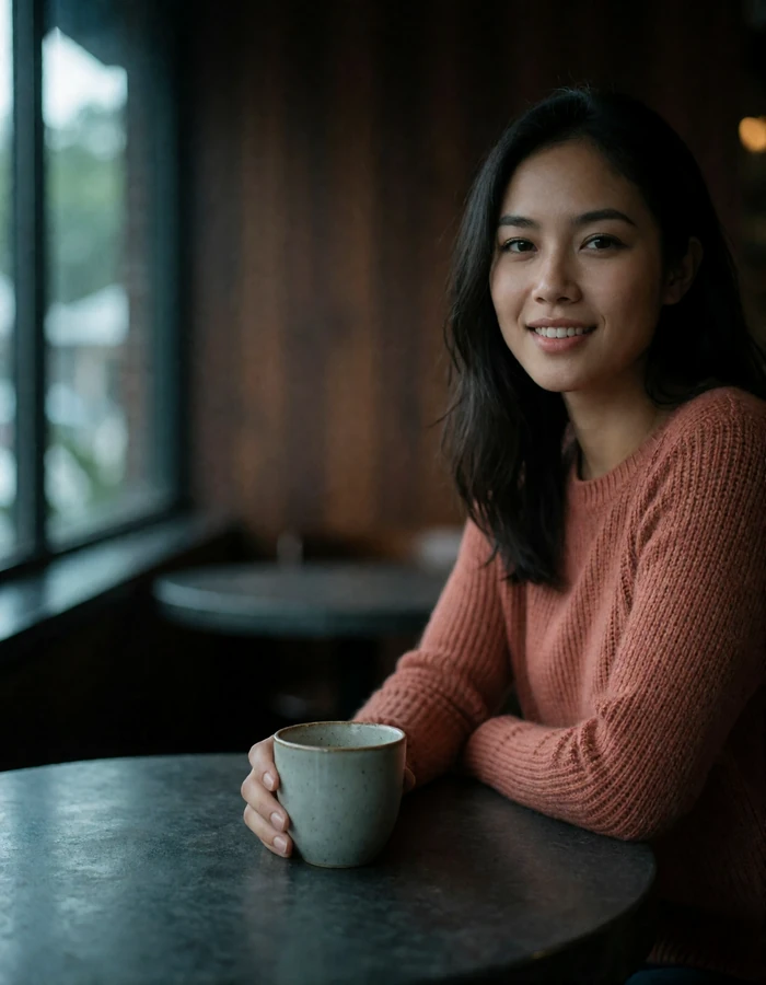 Indonesian woman in her late twenties in a terracotta knit top sitting at a dark stone cafe table