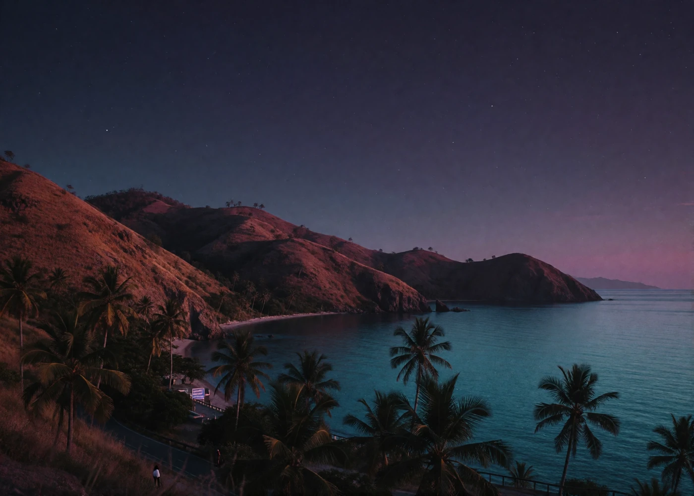 Wide evening view of a rugged tropical coastline in Timor-Leste with dry hills and a calm dark sea beneath a violet dusk sky