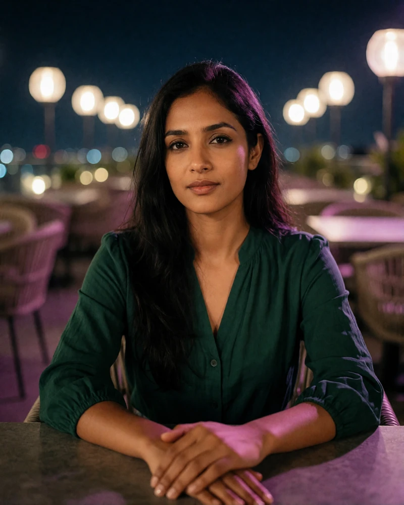 Sri Lankan woman in her early thirties in a deep green blouse seated at a rooftop lounge table at night