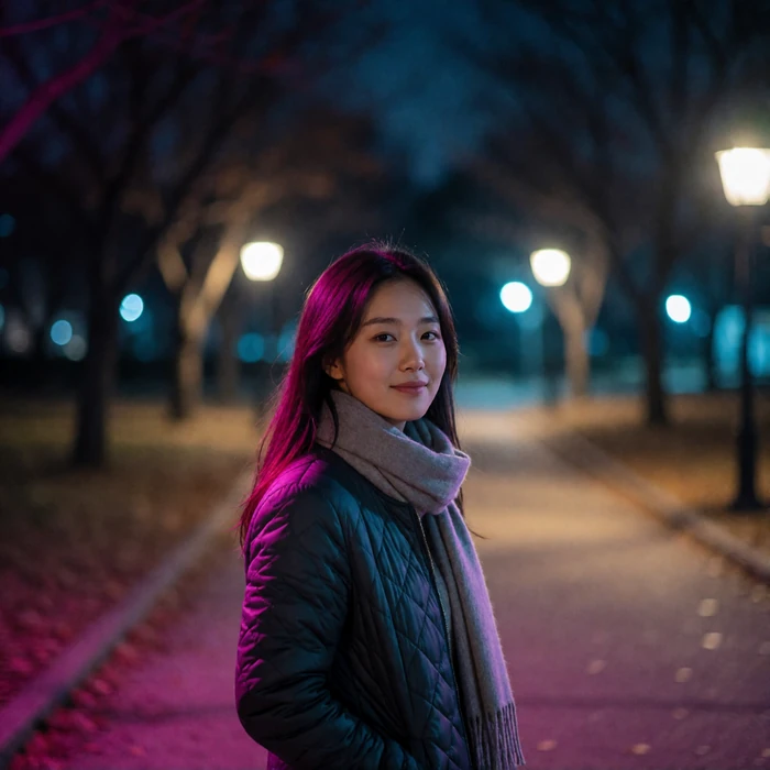 North Korean diaspora woman in her mid twenties walking through a quiet lamplit park
