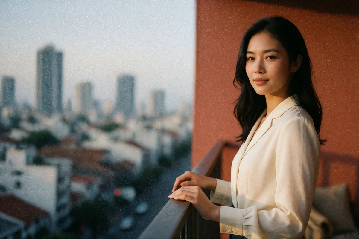 Elegant Asian woman in a cream blouse standing on a hotel balcony with a blurred city skyline behind her