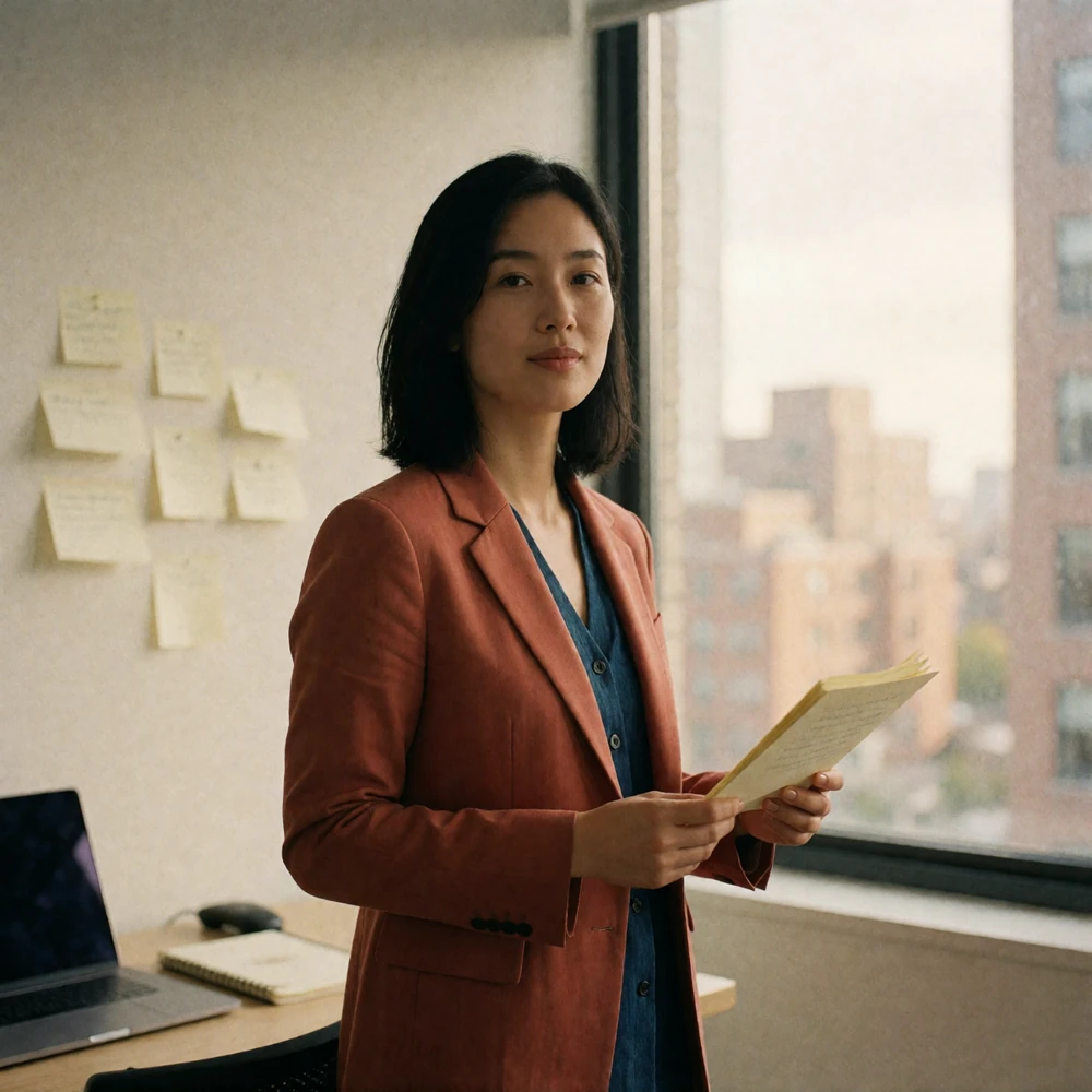 Professional Asian woman in a tailored blazer standing beside a large office window holding notes