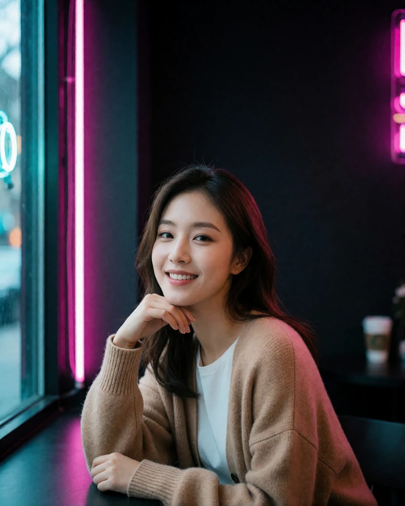 Korean woman in her late twenties in a camel knit cardigan smiling by a cafe window at night