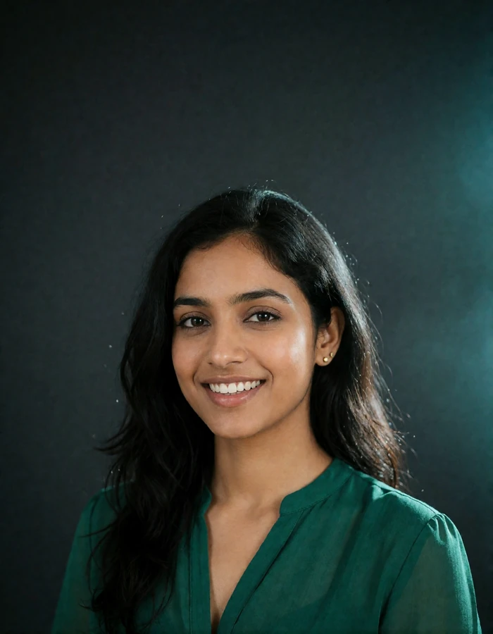 Indian woman in her mid-twenties in an emerald green blouse, a verified member on the Indian Dating platform