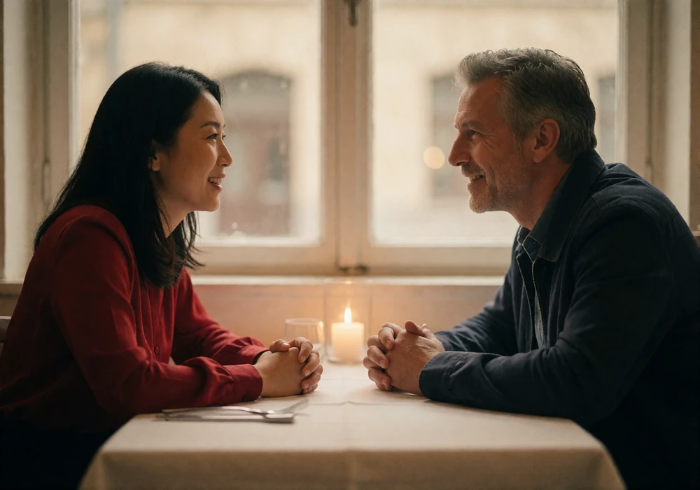 Couple in their forties leaning toward each other in warm conversation at a small restaurant table