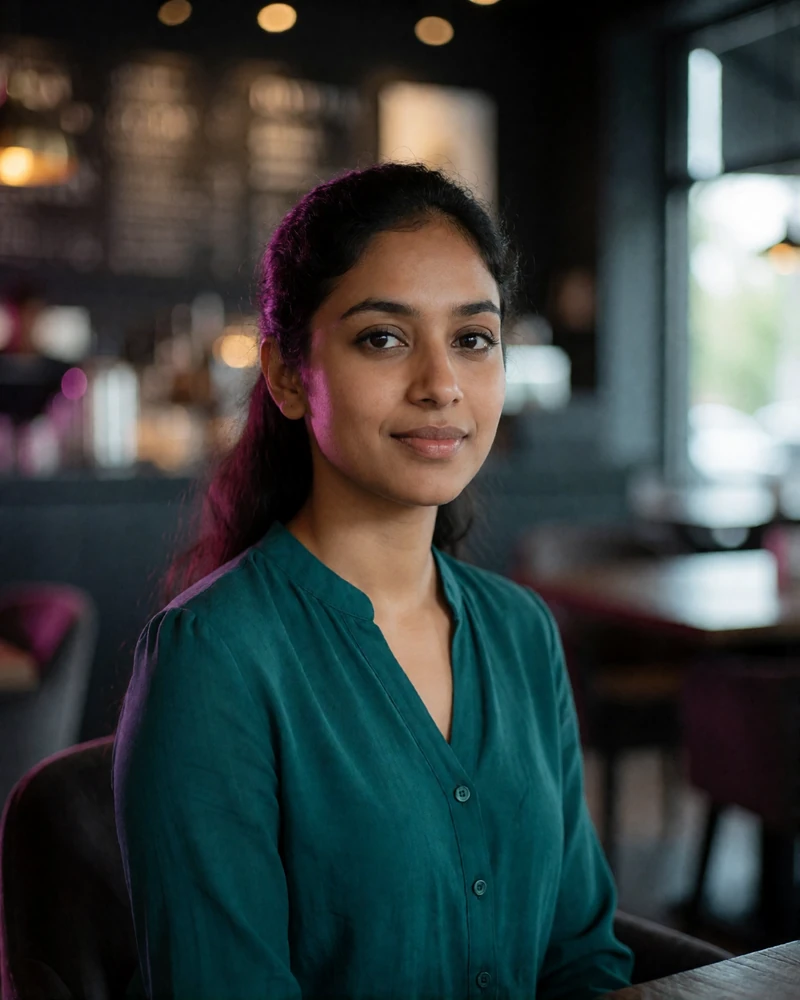 Sri Lankan woman in her late twenties in a teal blouse seated in a dark upscale cafe interior