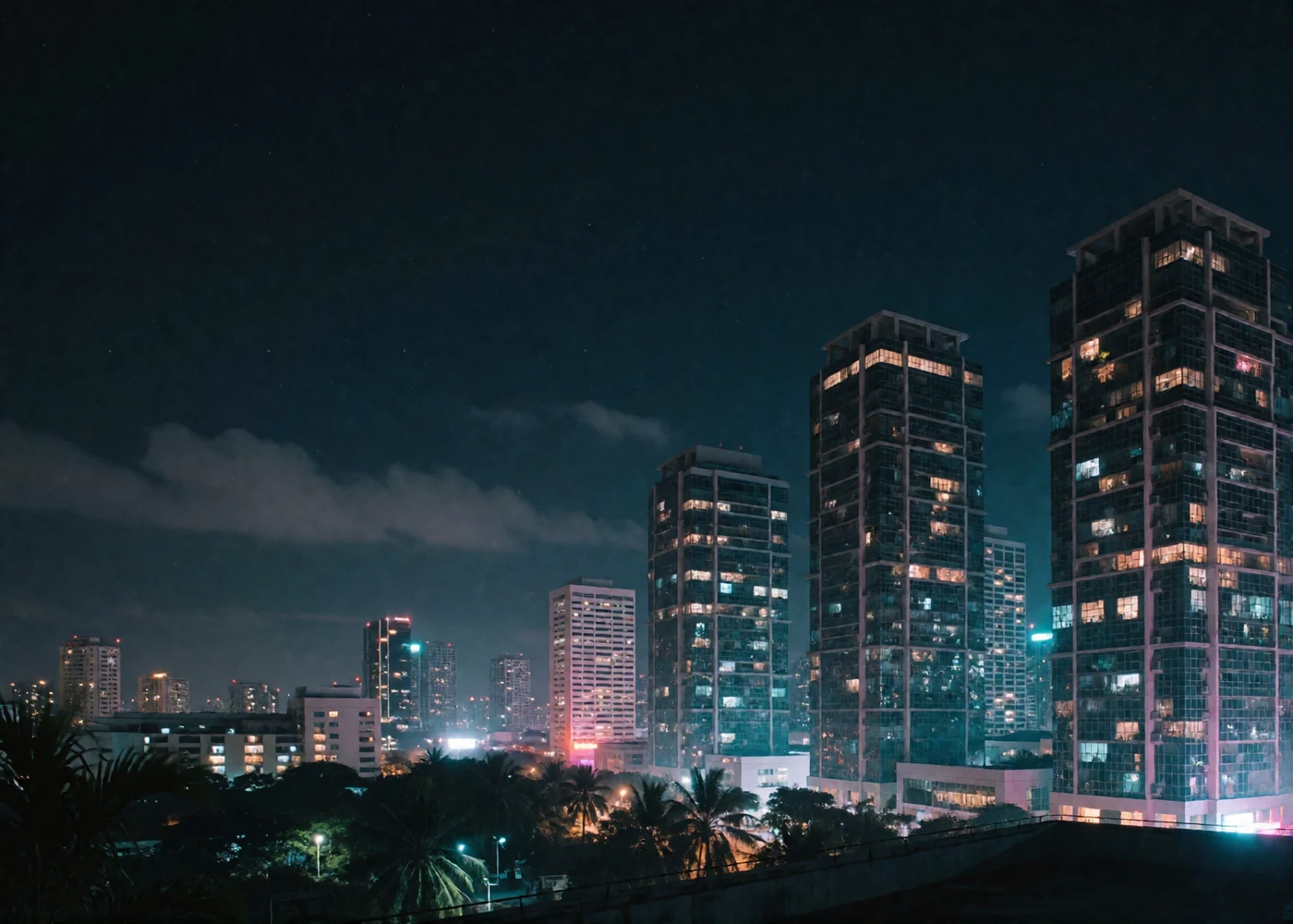 Elevated night view of a modern Malaysian city skyline with illuminated glass towers and tropical greenery in the foreground