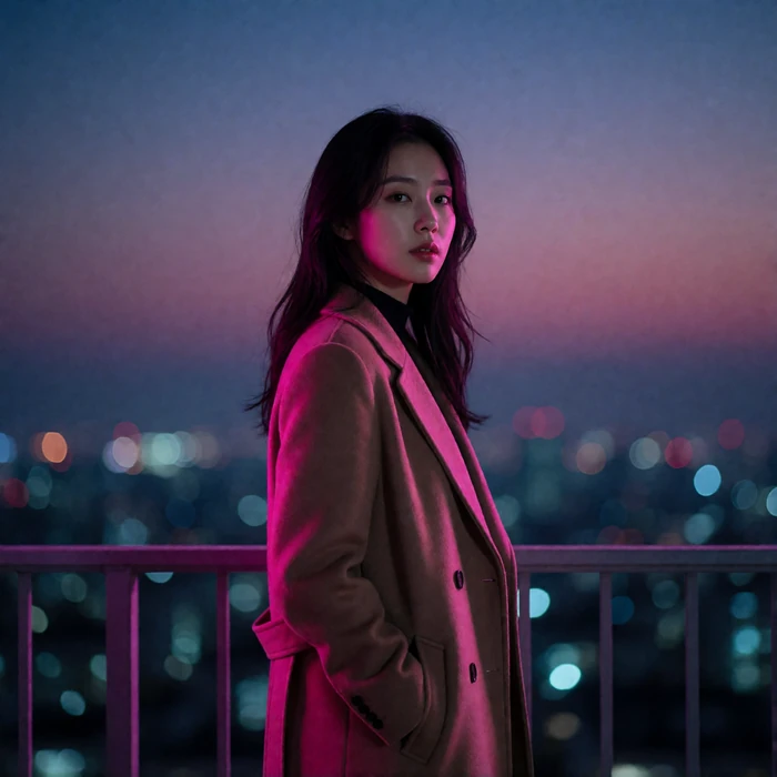 North Korean diaspora woman in her late twenties standing on a quiet balcony at dusk