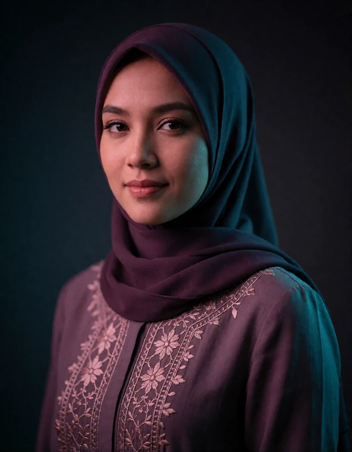 Bruneian woman in her late twenties in a modest embroidered blouse with a neatly pinned headscarf