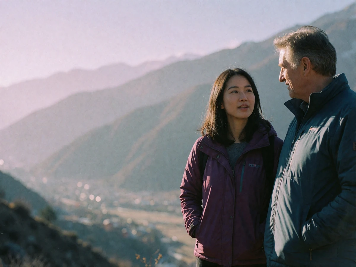 Bhutanese woman and an older Western man standing side by side at a Himalayan valley overlook in late afternoon