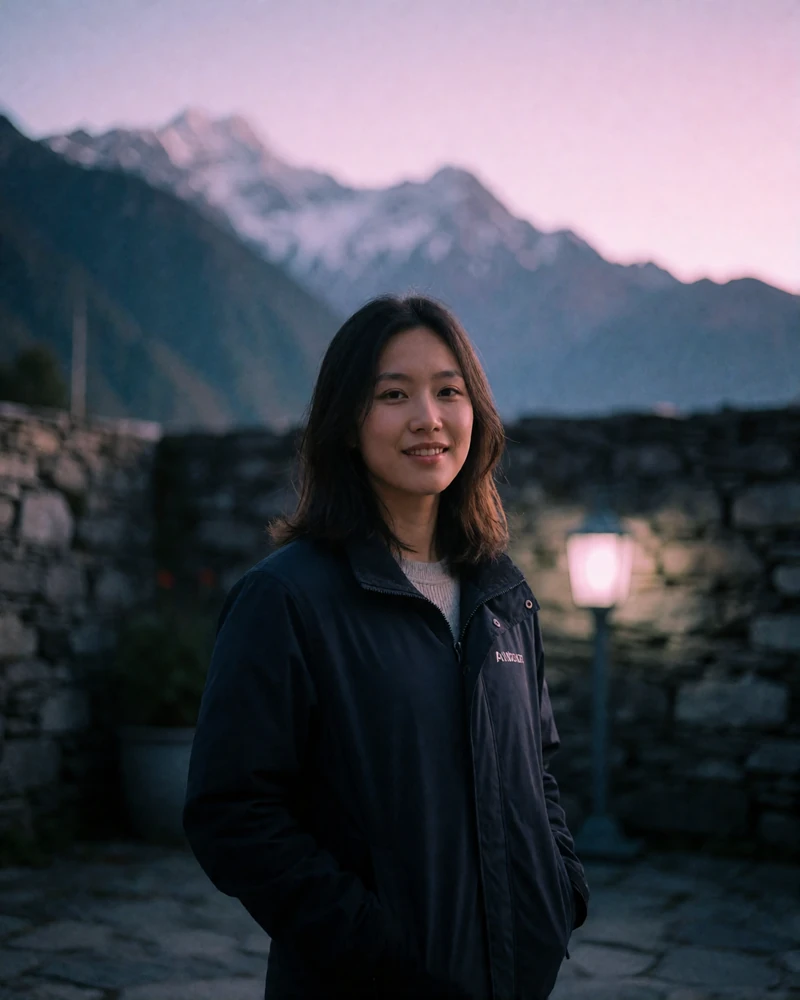 Bhutanese woman in her late twenties in a navy jacket standing in a dark stone courtyard at dusk