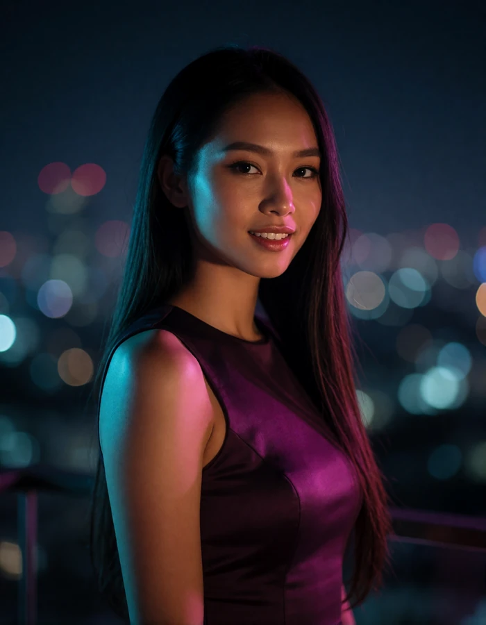 Laotian woman in her mid twenties on a rooftop terrace at night, a verified member of the Laotian Dating community