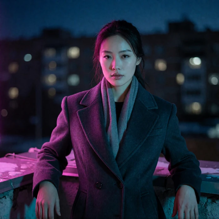 Mongolian woman in her early thirties standing on a city terrace in the evening