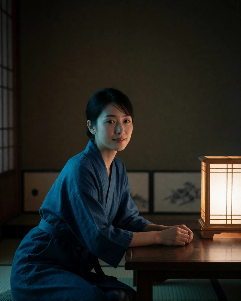 Japanese woman around thirty in an indigo robe seated beside a low table in a minimal traditional interior