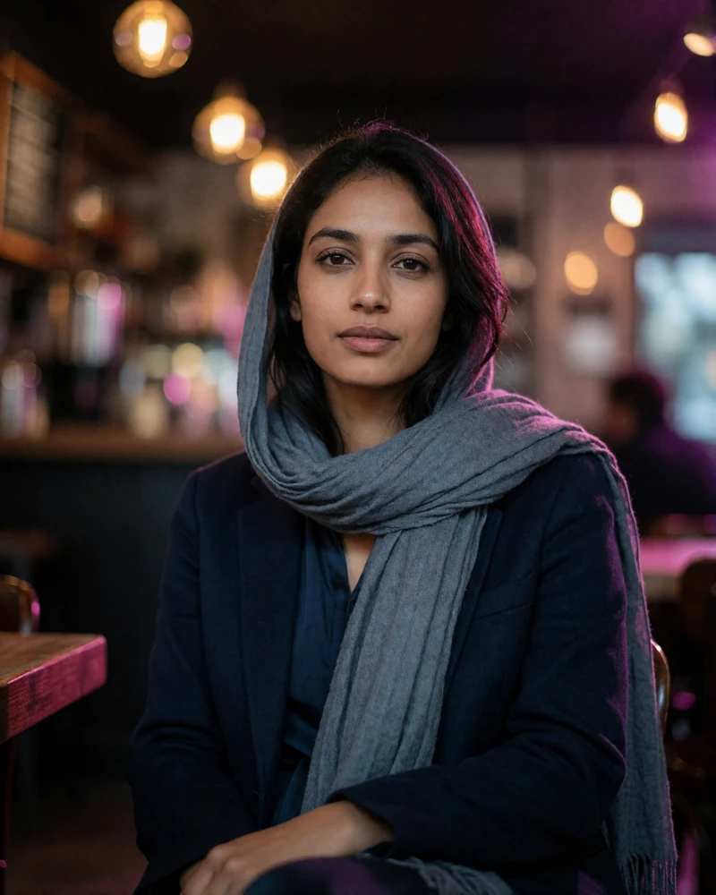 Afghan woman in her early thirties in a slate-grey scarf seated in a dim cafe with warm bokeh lights