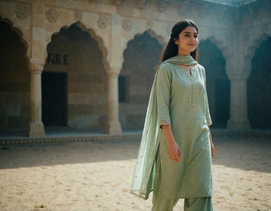 Pakistani woman in a soft sage shalwar kameez walking through a shaded sandstone courtyard with a gentle candid smile