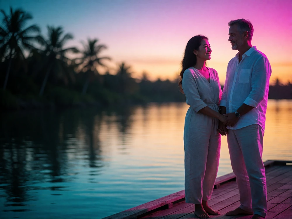 A couple holding hands on a wooden riverside deck at sunset, smiling at each other after months of patient conversation