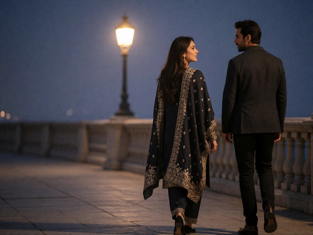 Pakistani woman in a dark embroidered shawl walking beside a Western man along a quiet stone promenade at dusk