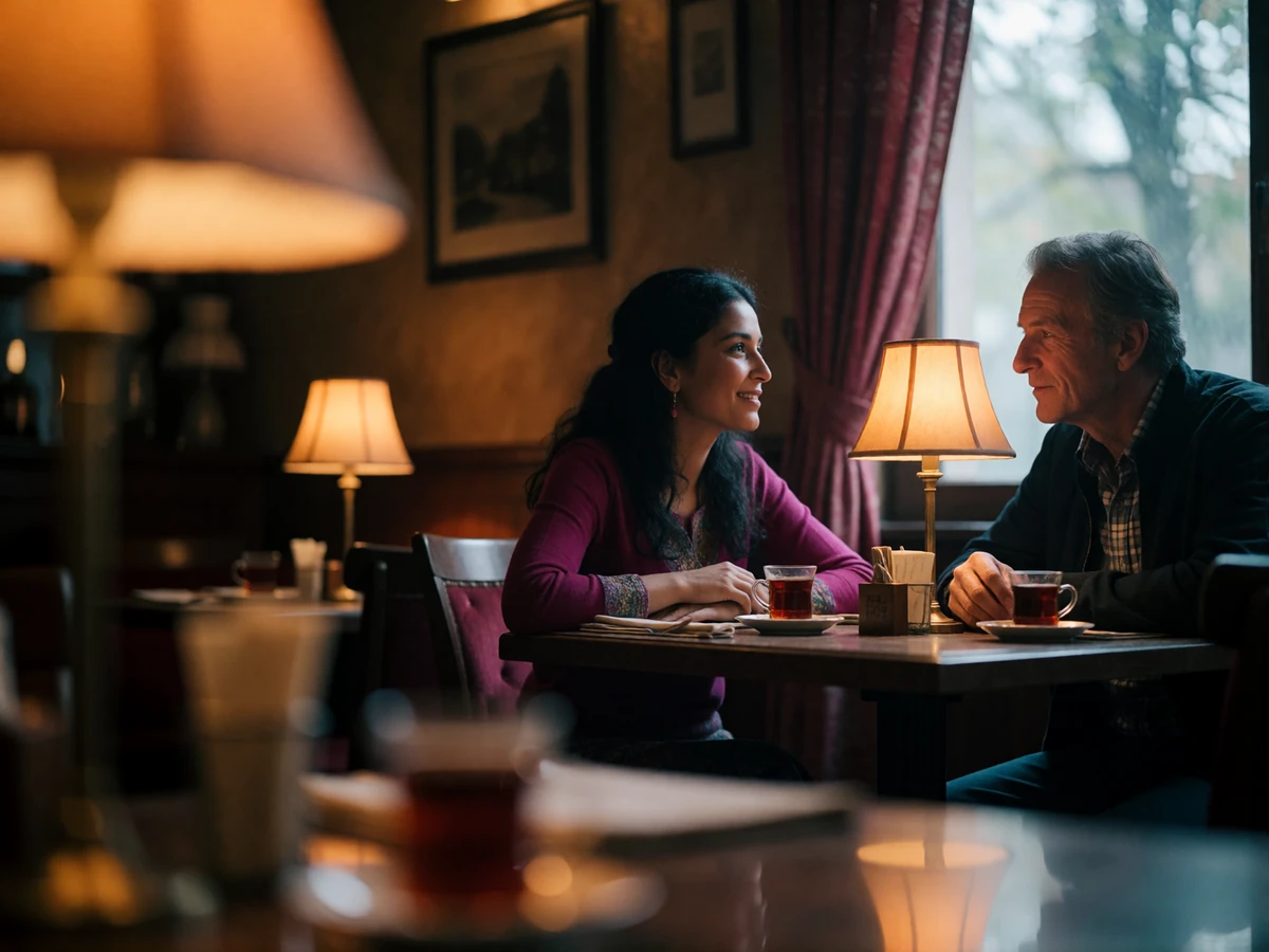 Afghan woman and an older Western man seated across a small table sharing tea in a dim restaurant