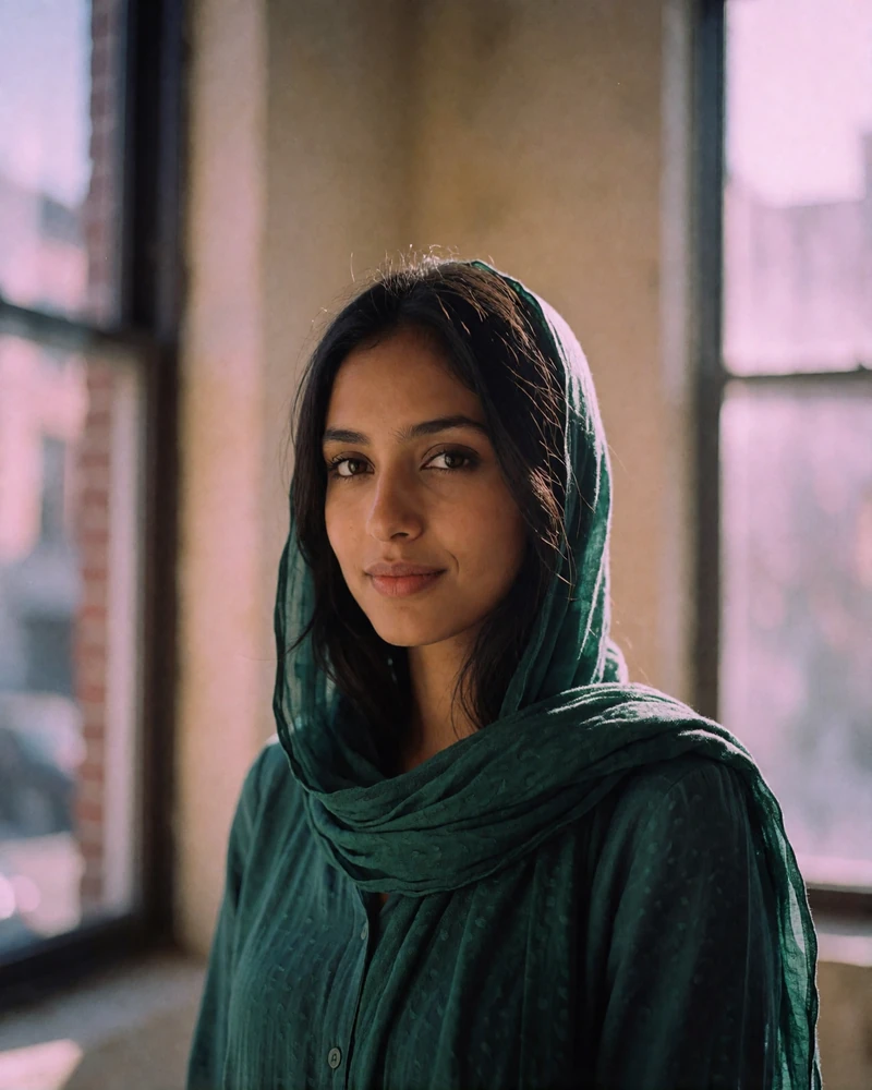 Afghan woman in her mid twenties in a softly draped emerald headscarf standing near a window with warm interior light