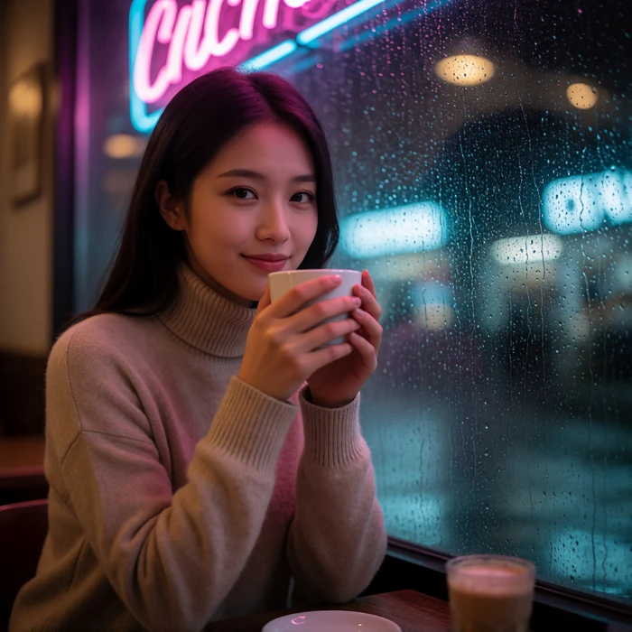 North Korean diaspora woman in her mid twenties seated by a rain-streaked café window