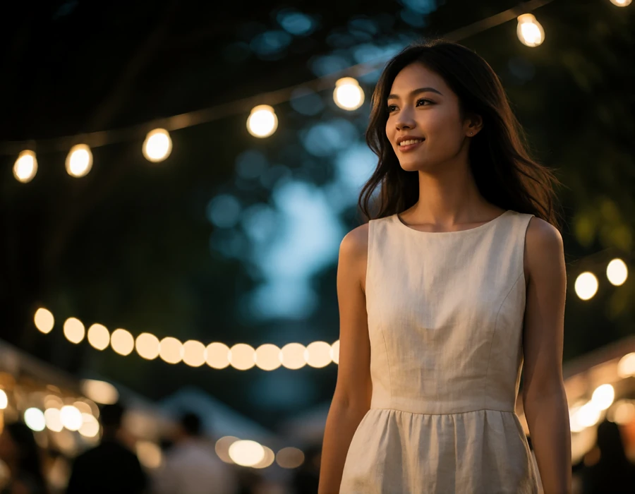 Thai woman in a cream linen dress walking through an upscale evening market lit with warm string lights