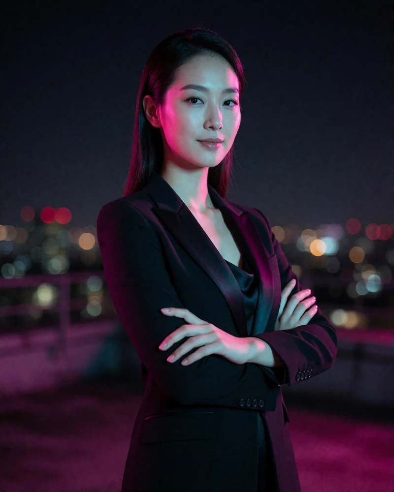 Korean woman around thirty in a black blazer standing on a rooftop at night with city lights behind her