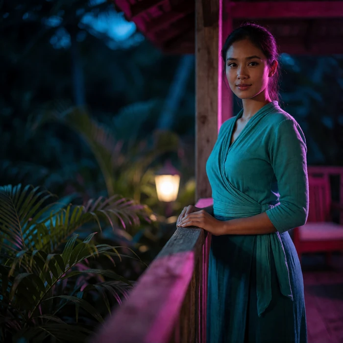 Burmese woman in her early thirties in a teal wrap top standing on a shaded veranda in the evening