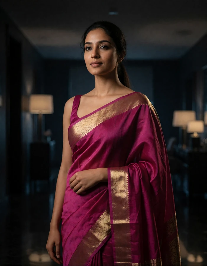Indian woman in her early thirties wearing a deep magenta silk saree in a hotel lobby
